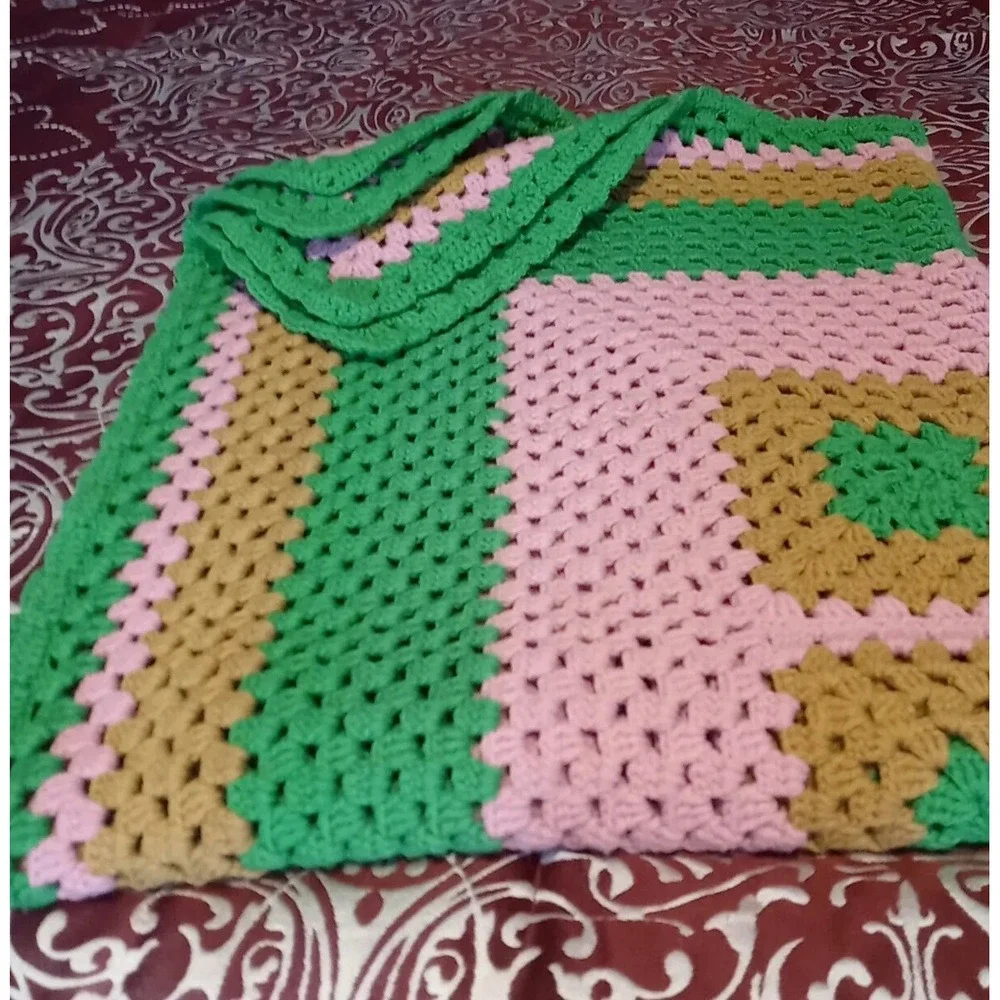 Vtg Handmade Granny Square Blanket Crochet Knit‎ Afghan Throw Blanket 45 X 37